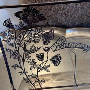 Beautiful vintage 25th anniversary glass platter with silver raised details